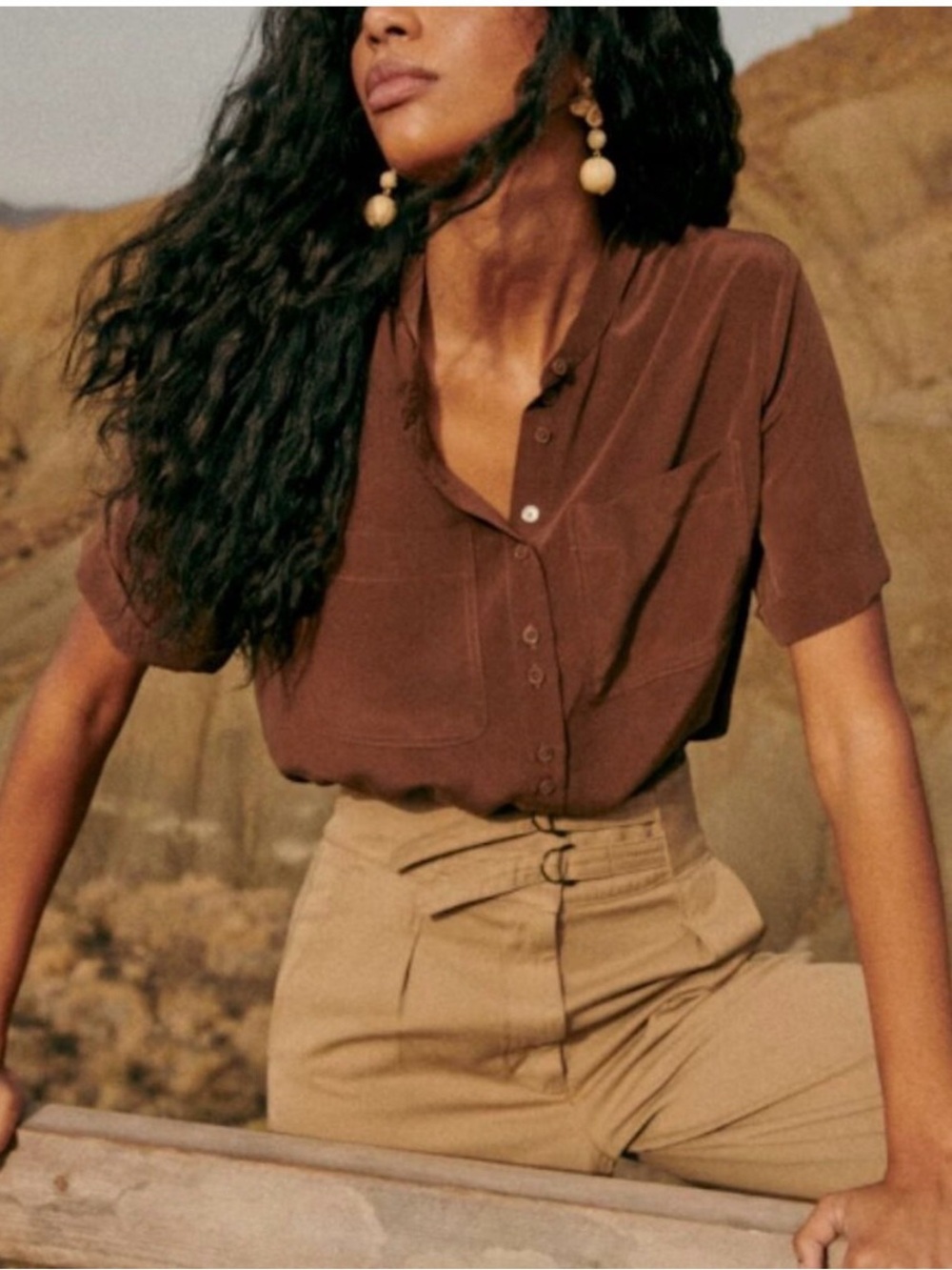 Sezane Maiana Shirt Choco - Size 2 Like New XS/34 100% silk